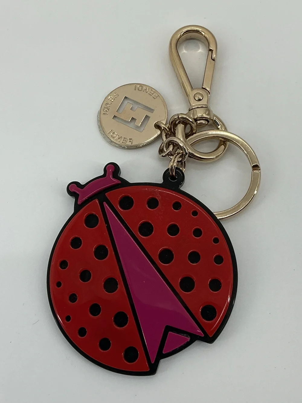 Fendi Ladybug Bug Keychain Bag Charm Red Pink Gold Tone Logo Charm